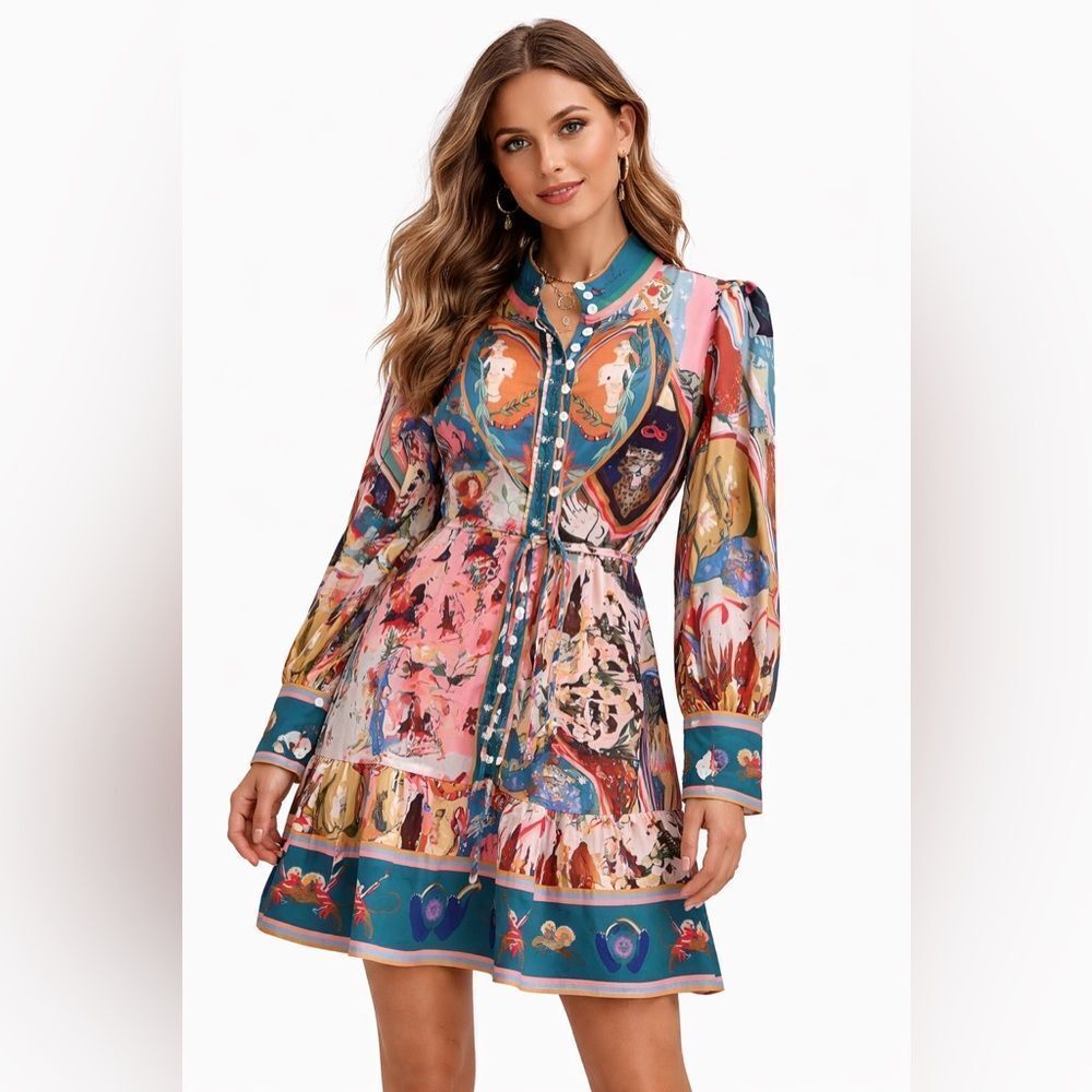 Boutique Whimsical Illustrated Button Front Dress